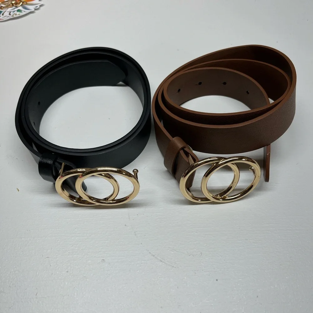 Elegant Black and Brown Women's Belt‎ with Gold Buckle